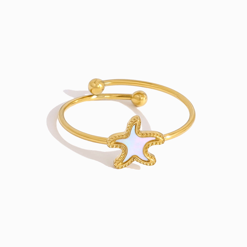Anel Estrela do Mar Ajustável Aço Inoxidável e Madrepérola