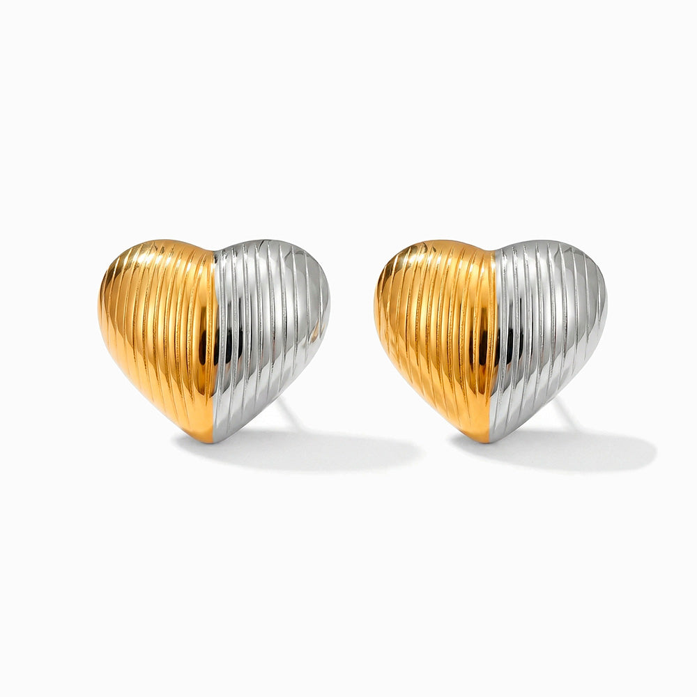 Brincos Coração Bicolor em Aço Inoxidável 24x21mm