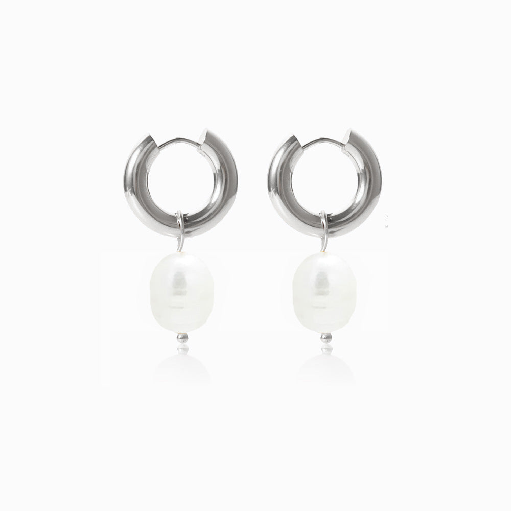 Brincos Pérola de Água Doce em Aço Inoxidável 30x13mm