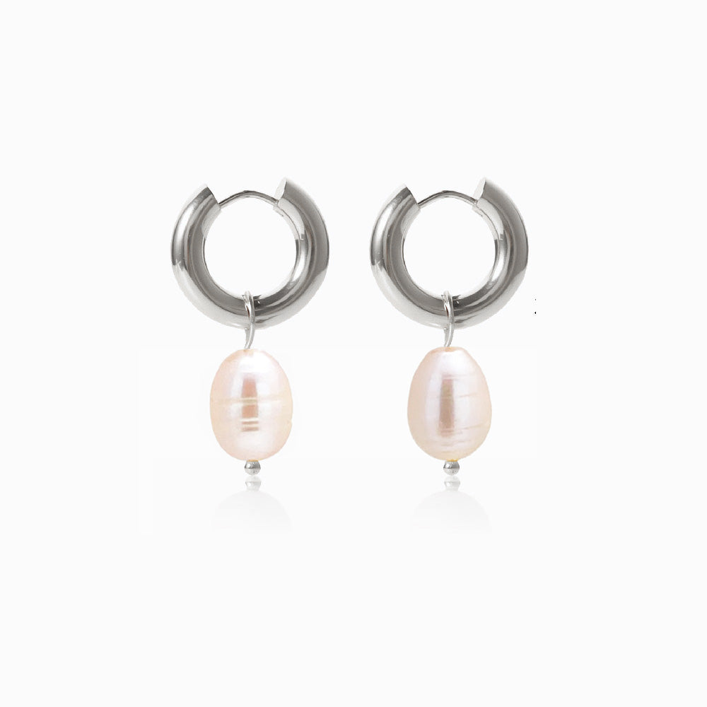 Brincos Pérola de Água Doceem Aço Inoxidável 30x13mm