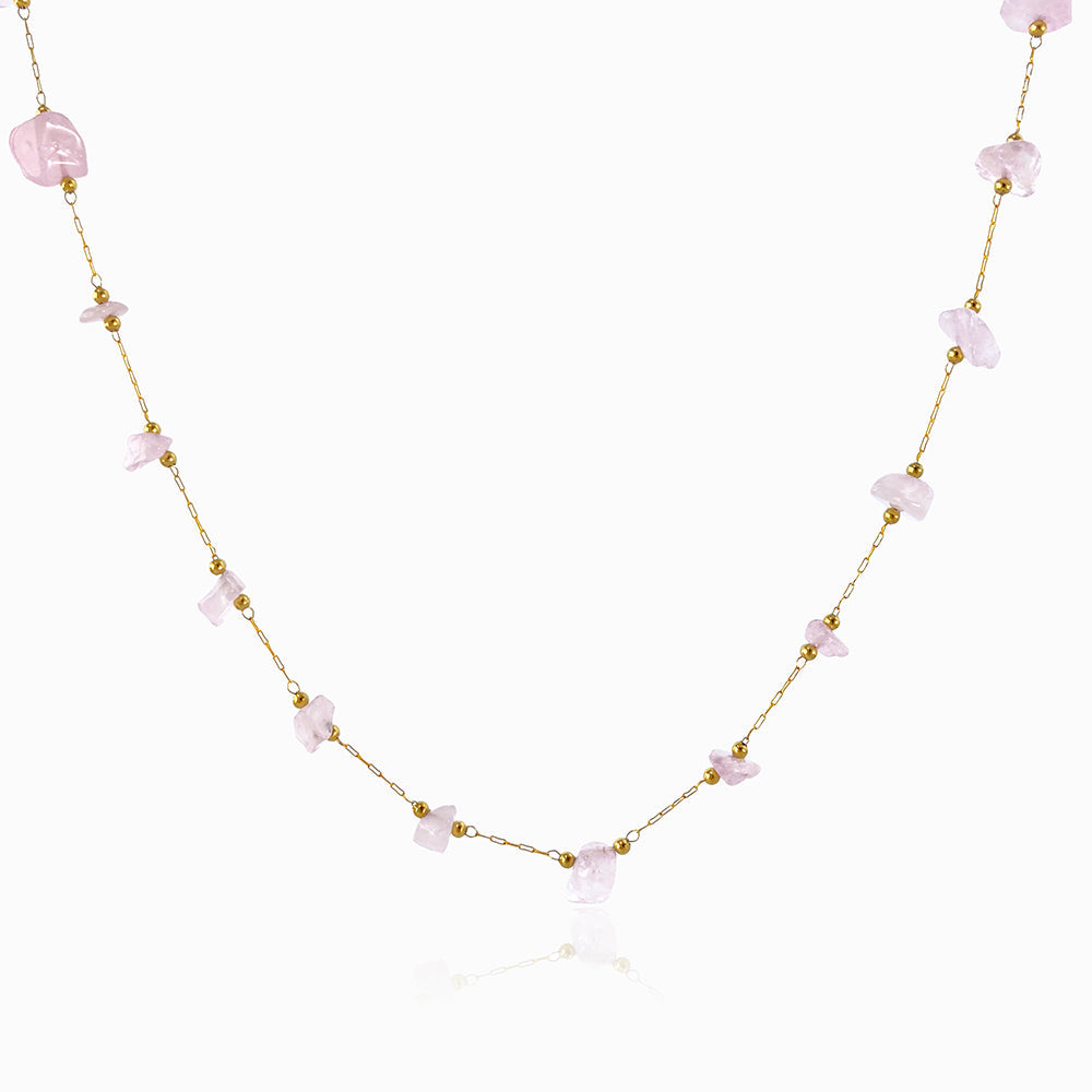 Colar com Cascalho Quartzo Rosa em Aço Inoxidável