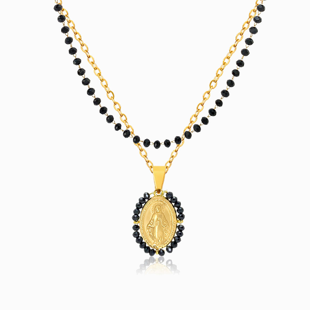 Colar Duplo Nossa Senhora Cristal Preto em Aço Inoxidável