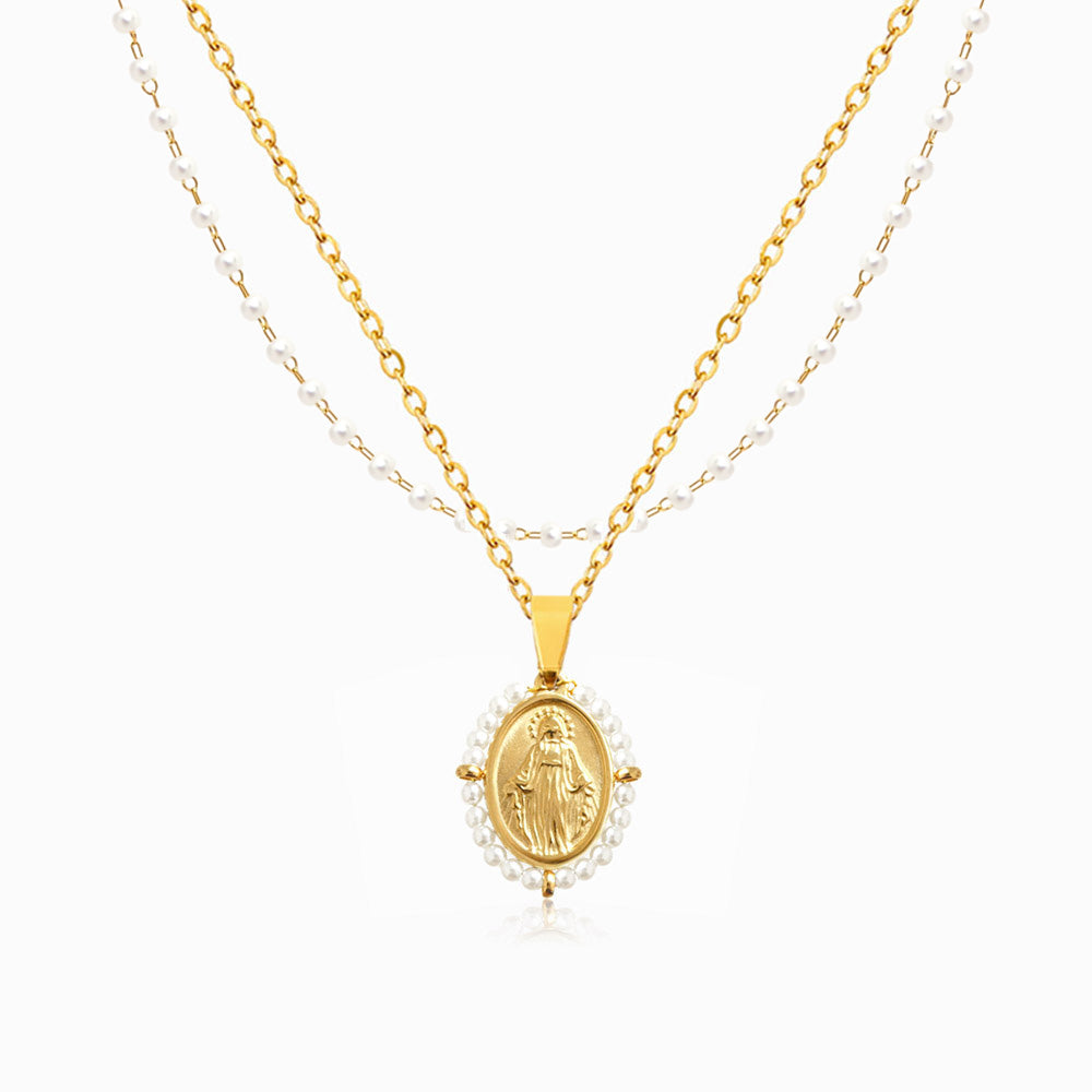 Colar Duplo Nossa Senhora com Pérolas em Aço Inoxidável