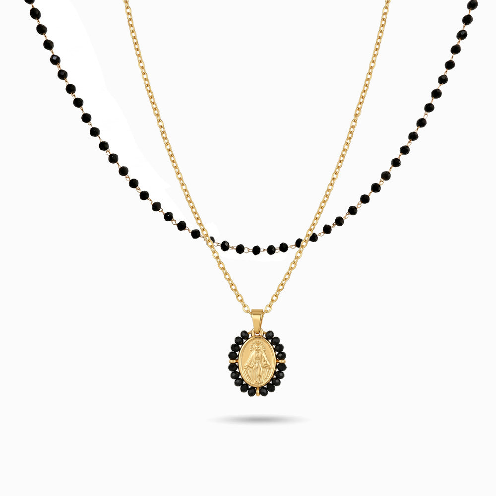 Colar Duplo Nossa Senhora em Aço Inoxidável e Cristal