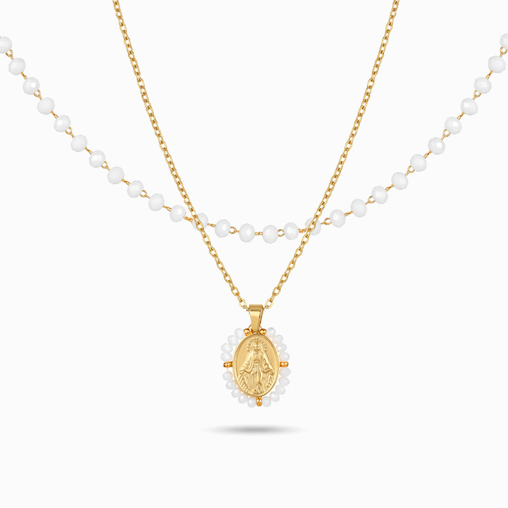 Colar Duplo Nossa Senhora em Aço Inoxidável e Cristal