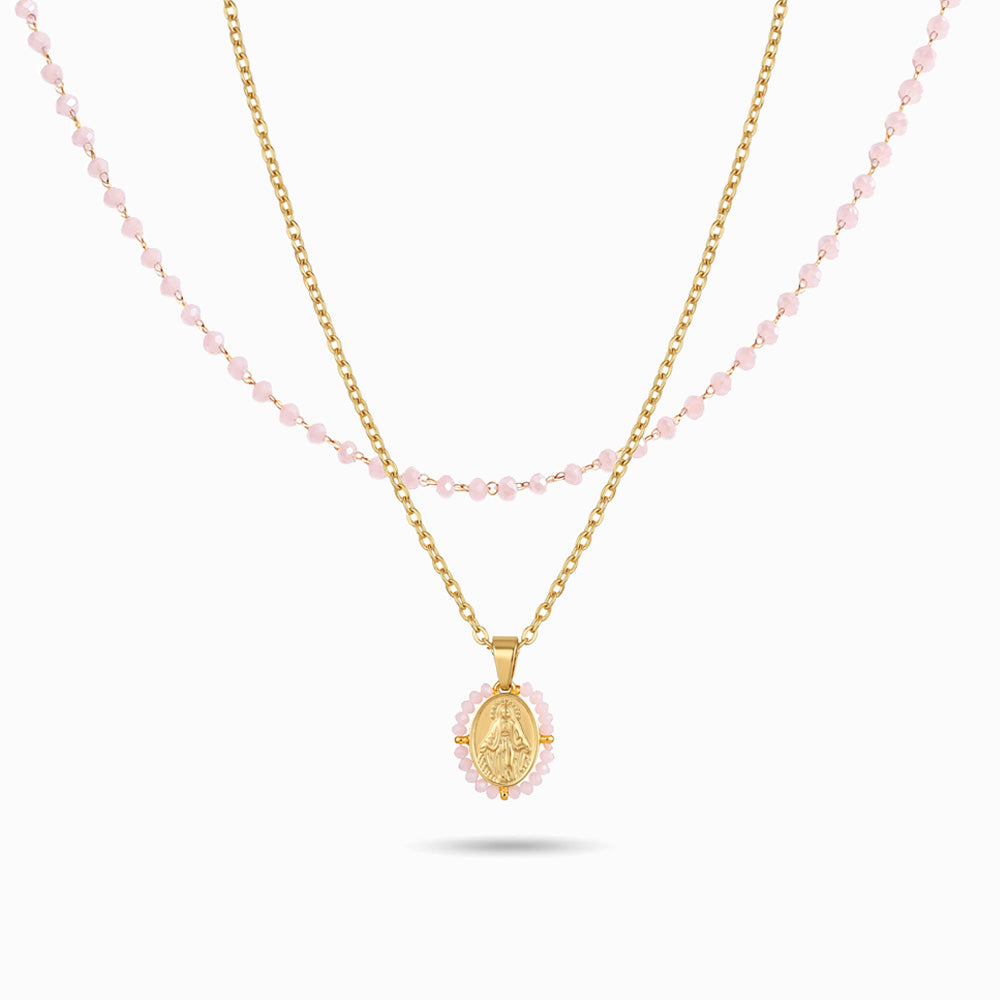 Colar Duplo Nossa Senhora em Aço Inoxidável e Cristal