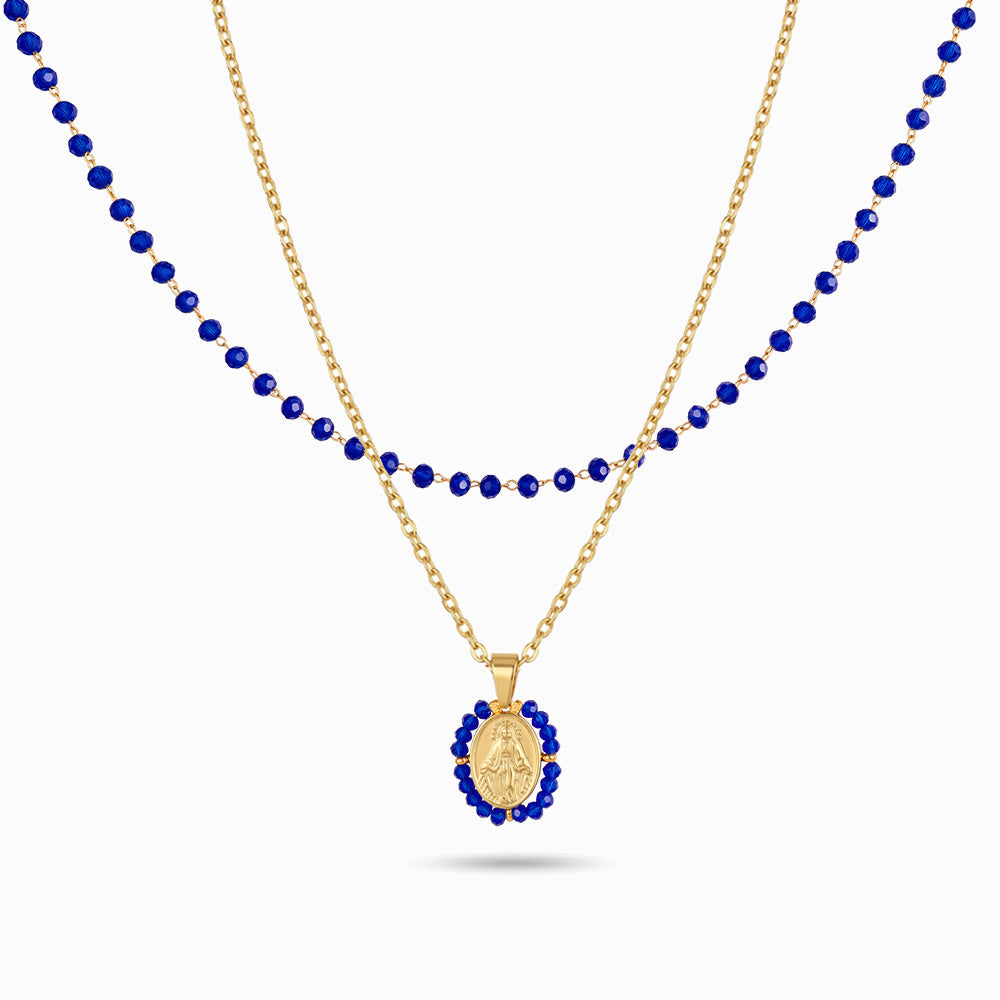 Colar Duplo Nossa Senhora em Aço Inoxidável e Cristal
