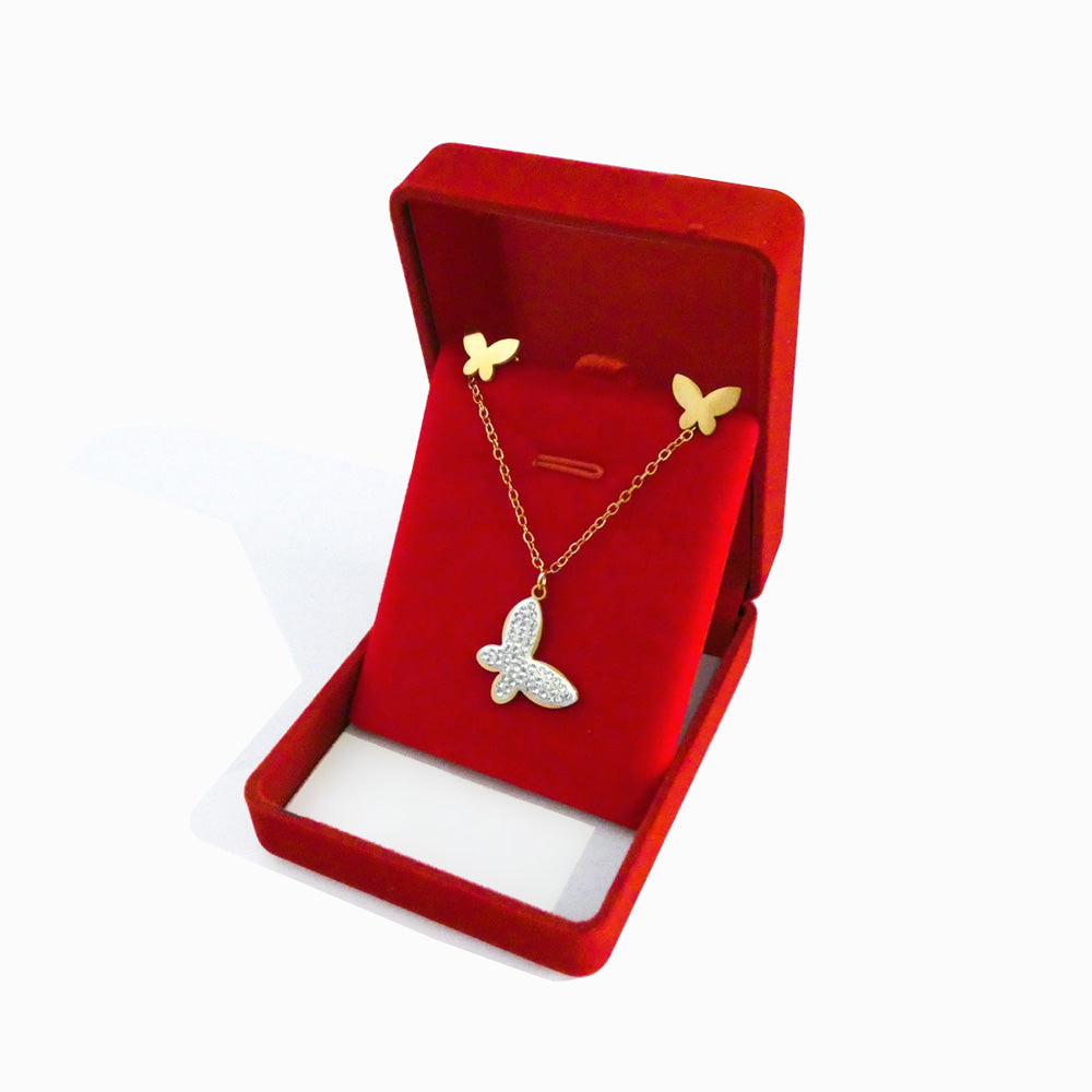 Conjunto Colar/Brincos Borboleta em Aço Inoxidável (Caixa incluída)