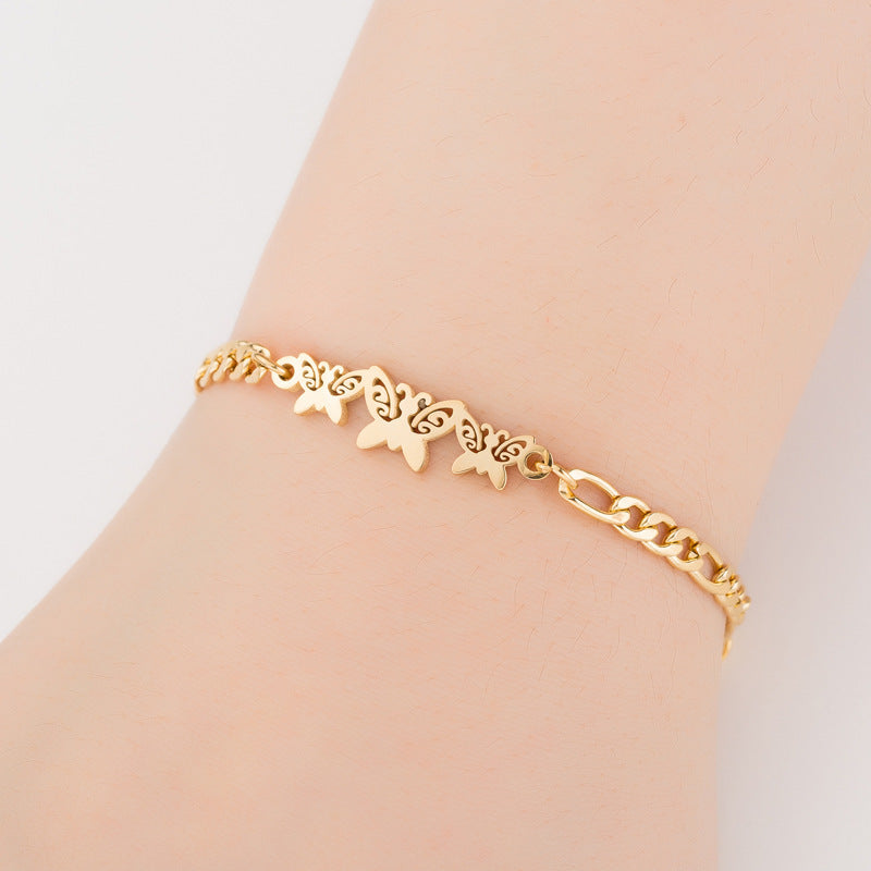 Pulseira Malha Fígaro com Borboletas - Aço Inoxidável