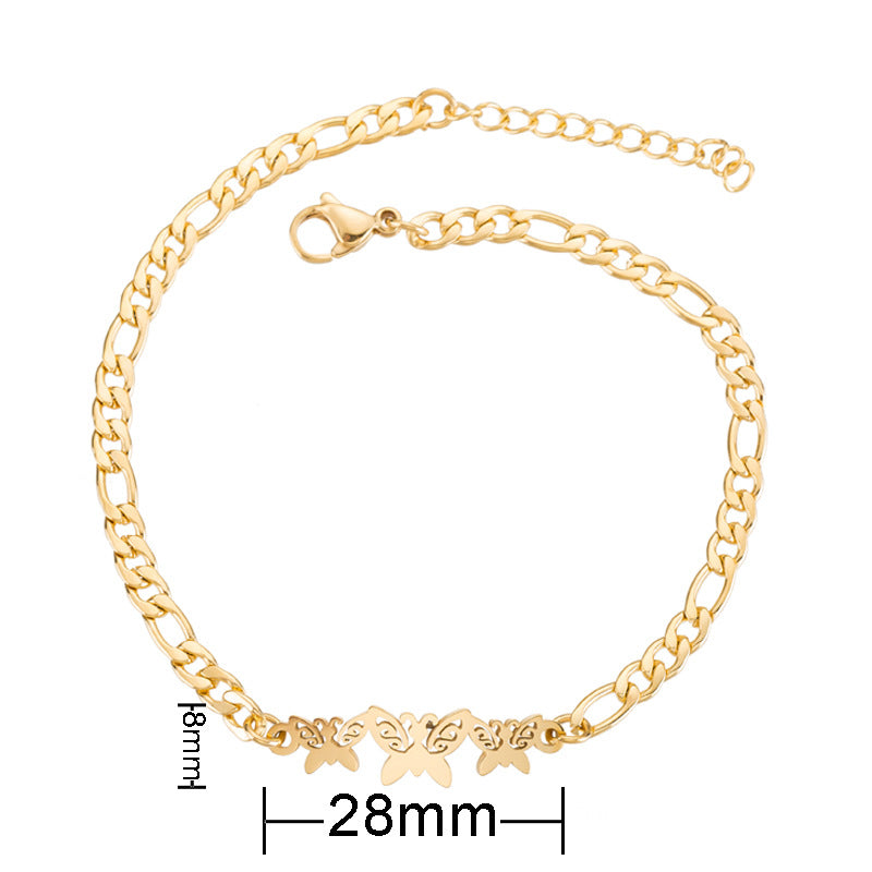 Pulseira Malha Fígaro com Borboletas - Aço Inoxidável