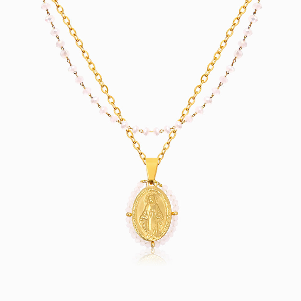 Colar Duplo Nossa Senhora Cristal Rosa em Aço Inoxidável