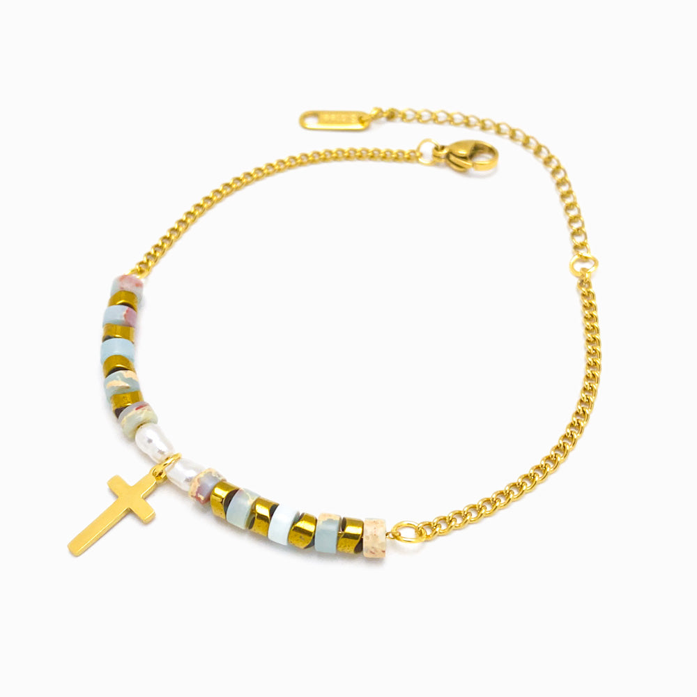 Pulseira Pedra Natural com Cruz - Aço Inoxidável