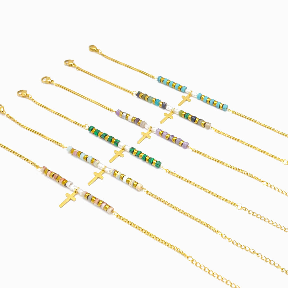 Pulseira Pedra Natural com Cruz - Aço Inoxidável