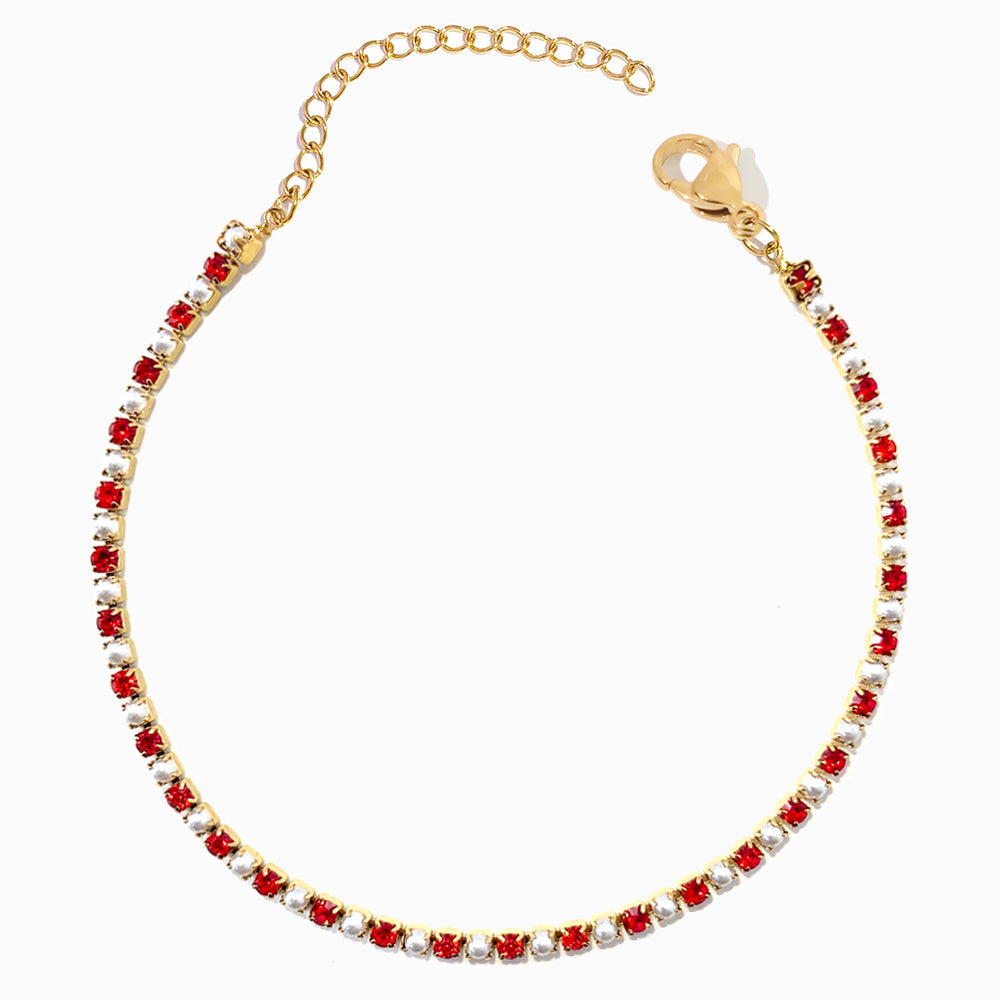 Pulseira com Brilhantes Vermelhos e Pérolas em Aço Inoxidável