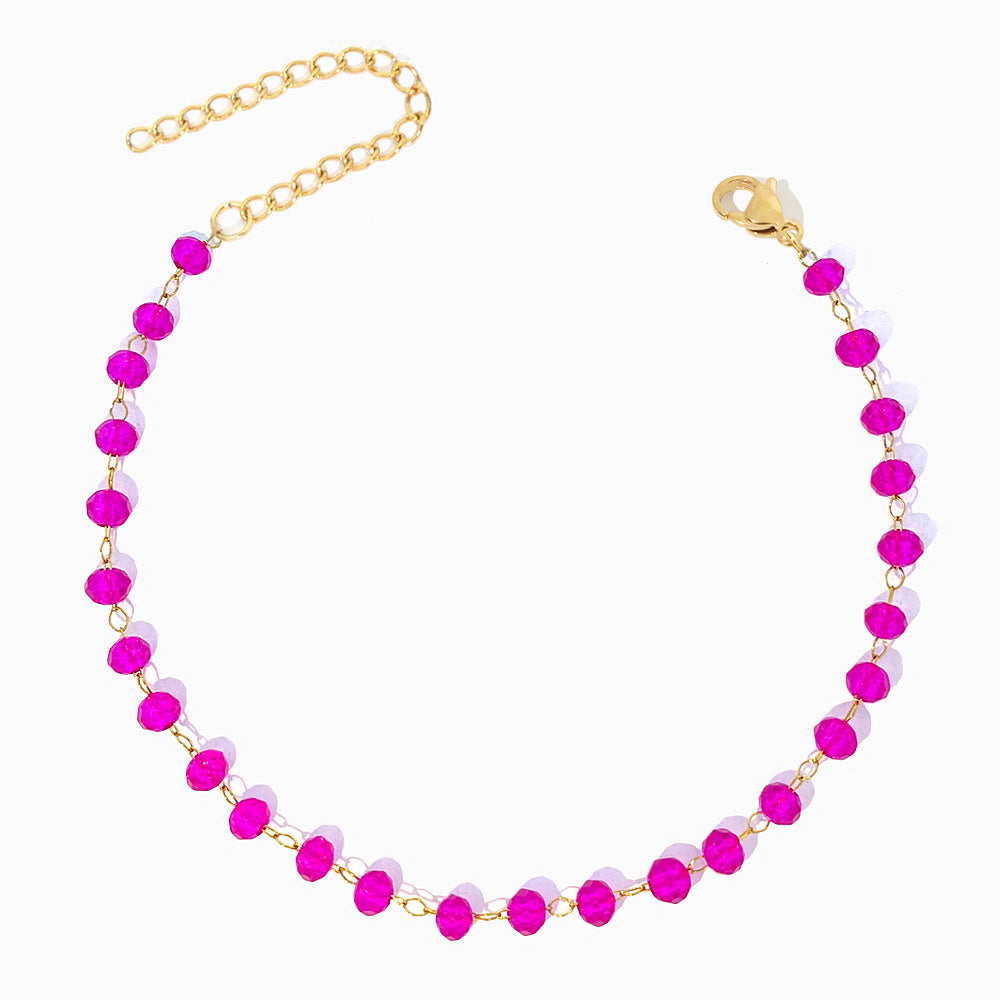 Pulseira de Pé com Cristal Rosa Choque em Aço Inoxidável