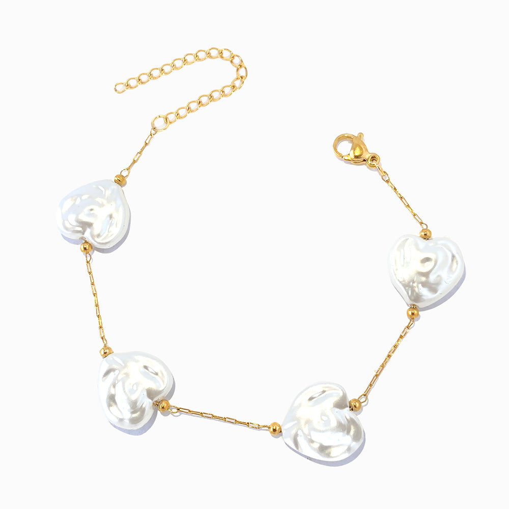 Pulseira com Pérolas Barrocas Coração - Aço Inoxidável