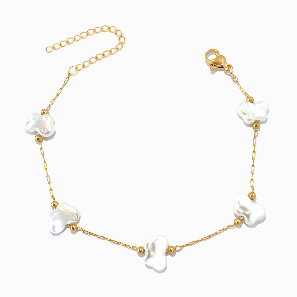 Pulseira com Pérolas Barrocas Borboleta - Aço Inoxidável