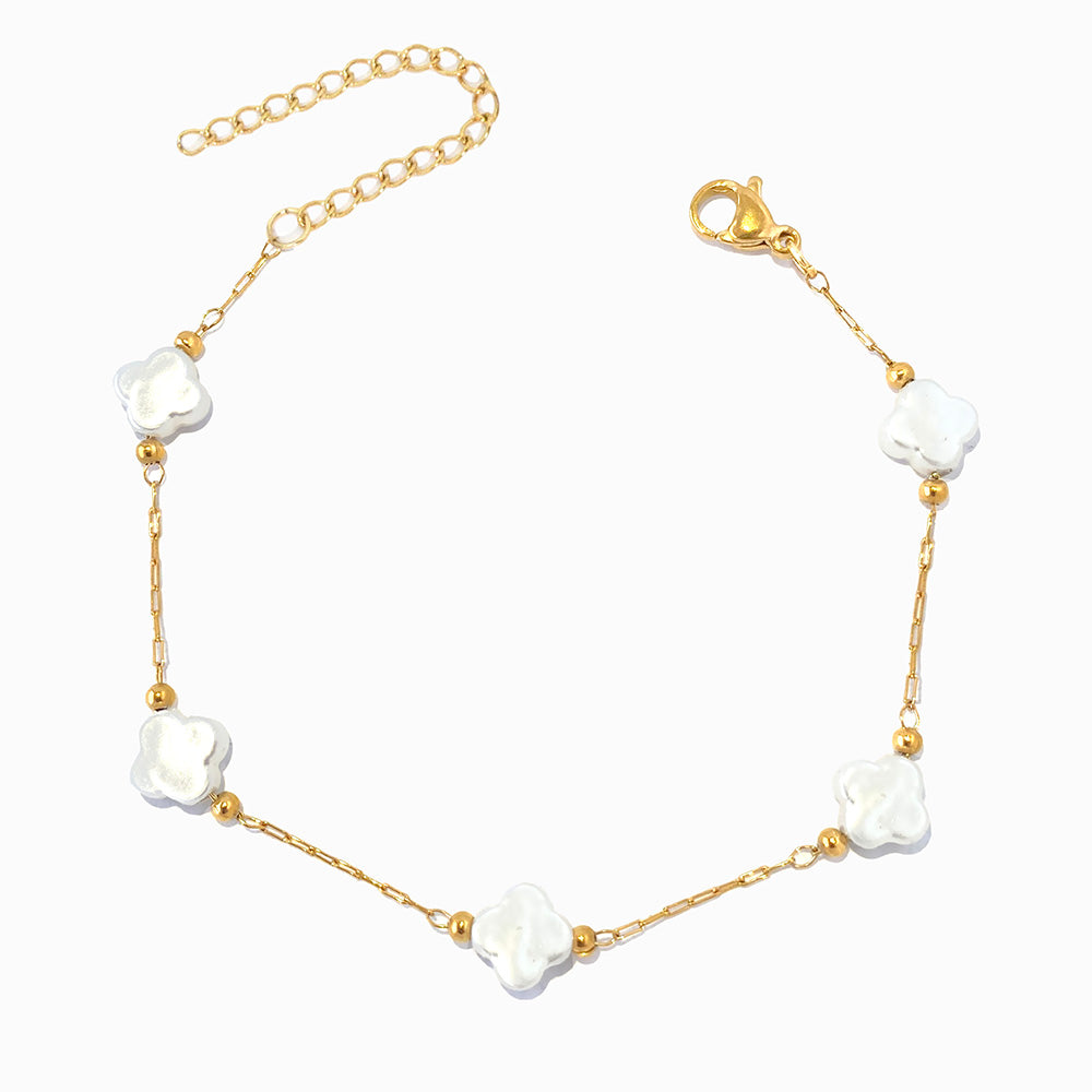 Pulseira com Pérolas Barrocas Trevo - Aço Inoxidável