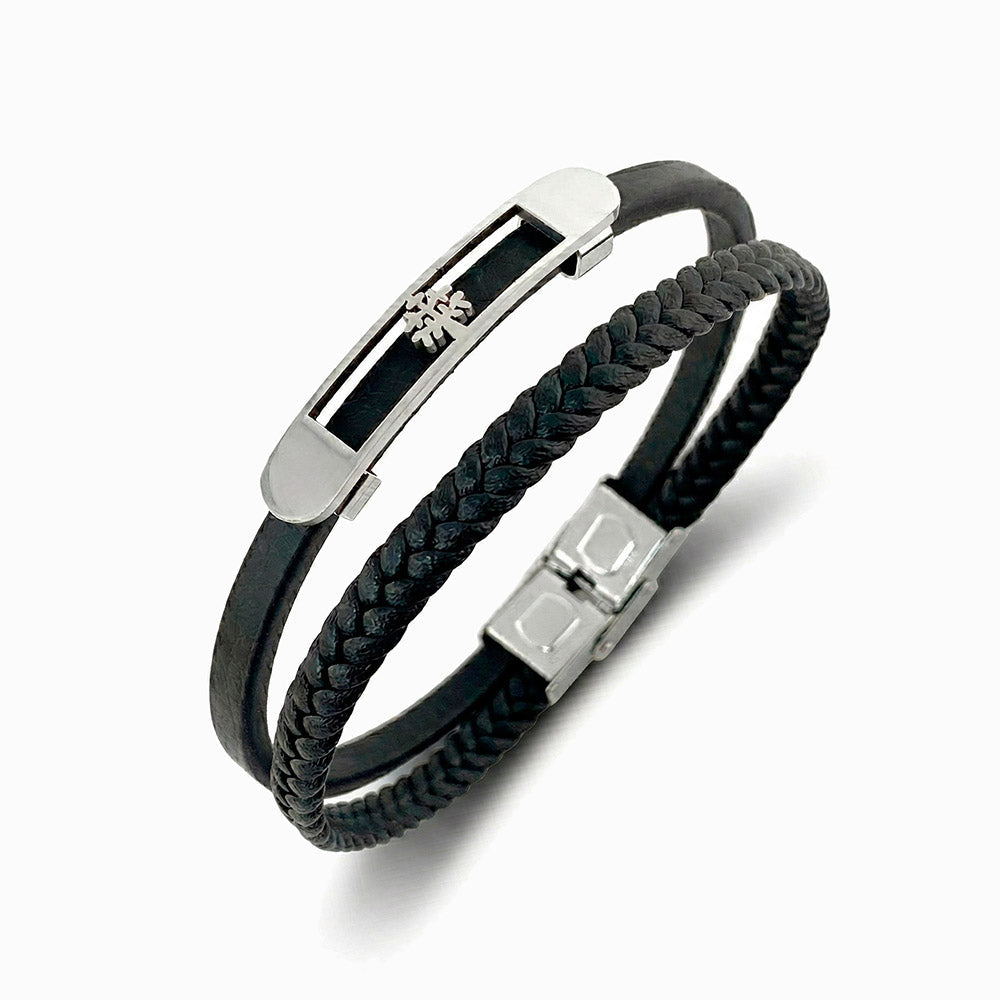 Pulseira Masculina em Couro Sintético e em Aço Inoxidável