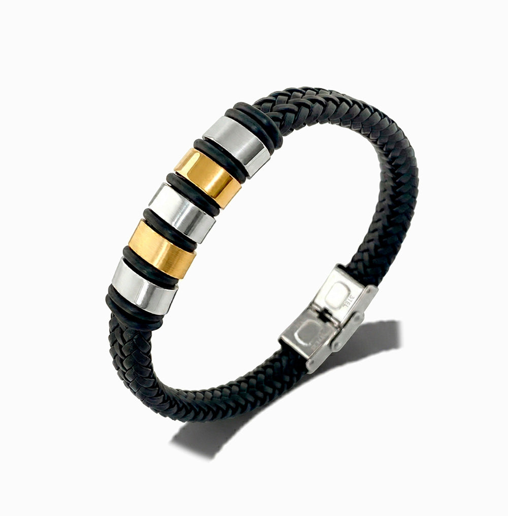 Pulseira Masculina em Couro Sintético e em Aço Inoxidável