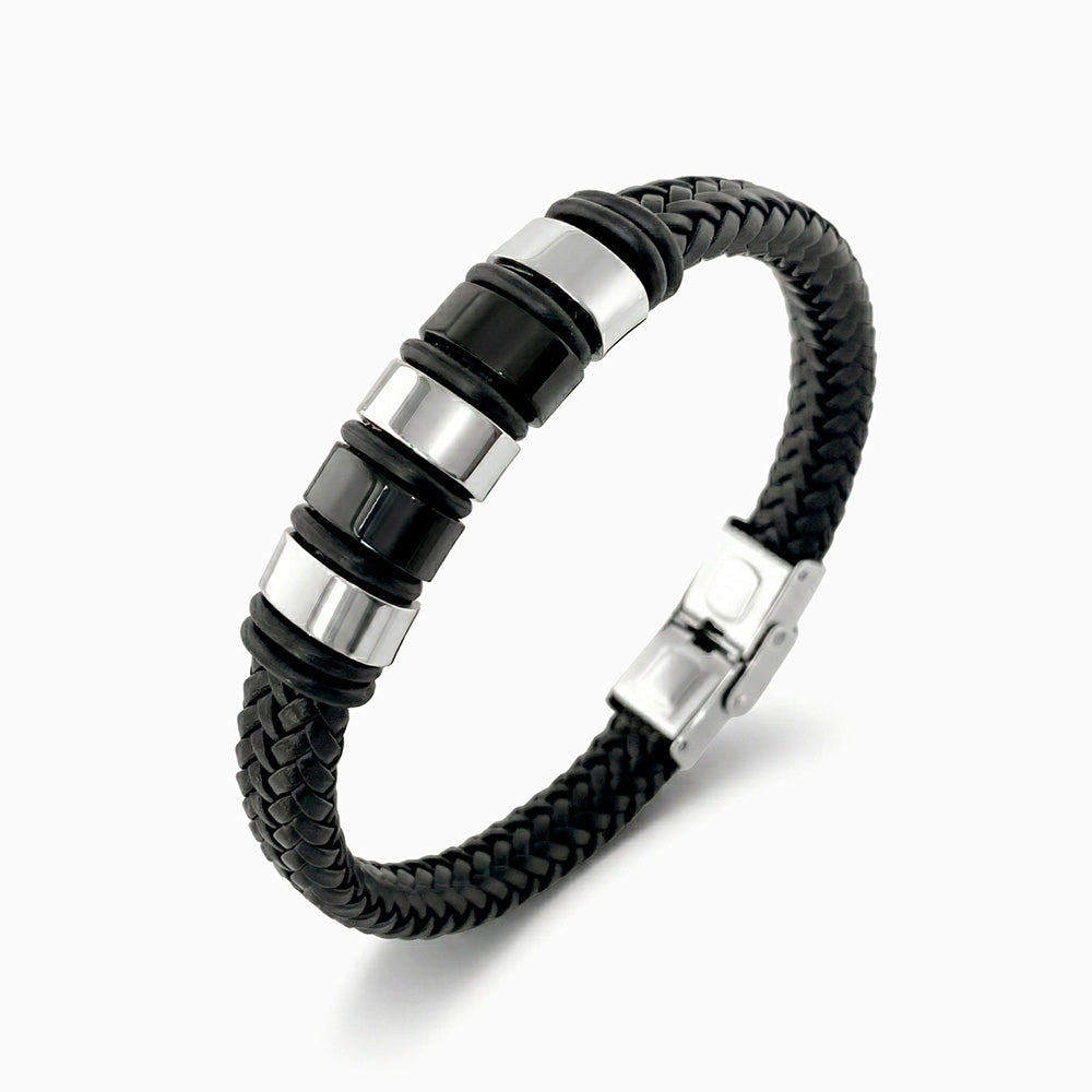 Pulseira Masculina em Couro Sintético e em Aço Inoxidável