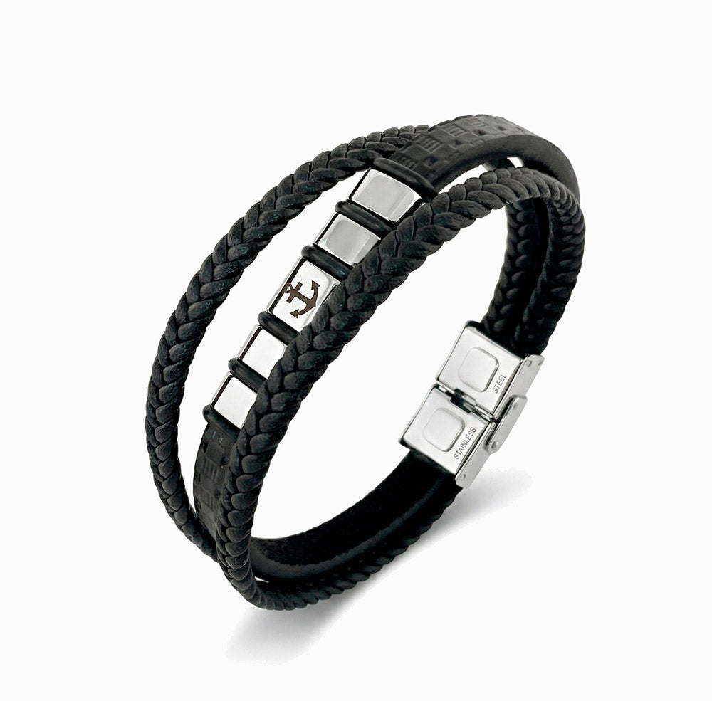 Pulseira Masculina em Couro Sintético e em Aço Inoxidável