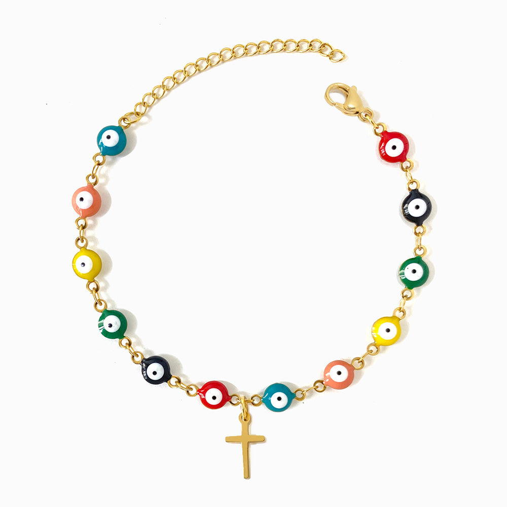 Pulseira Olho Turco com Cruz em Aço Inoxidável