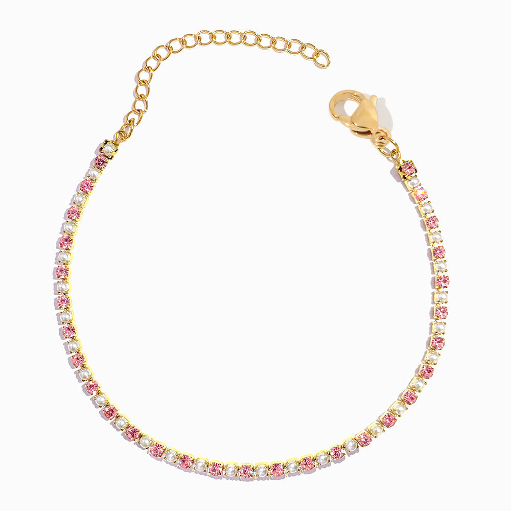 Pulseira com Brilhantes e Pérola em Aço Inoxidável