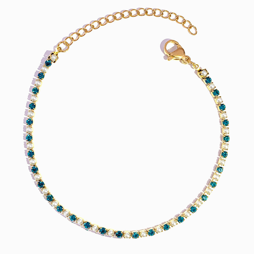 Pulseira com Brilhantes Verdes e Pérola em Aço Inoxidável