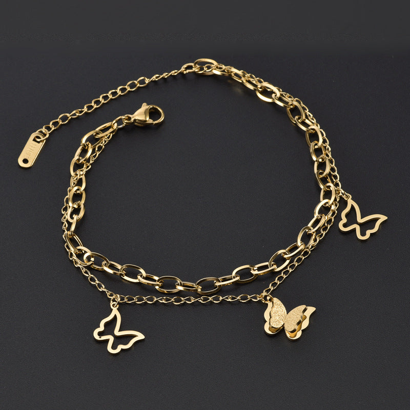 Pulseira Dupla com Borboletas - Aço Inoxidável