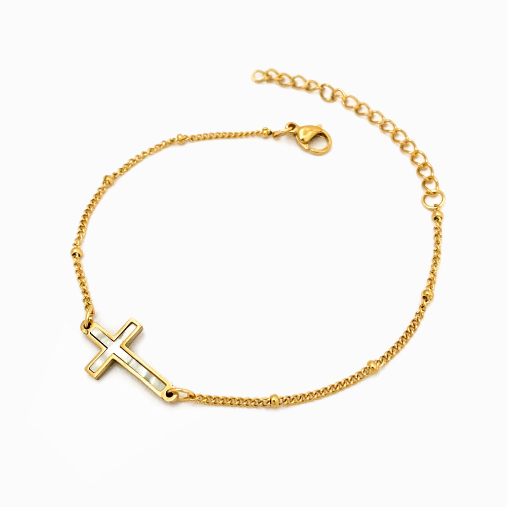 Pulseira Cruz em Aço Inoxidável e Madrepérola