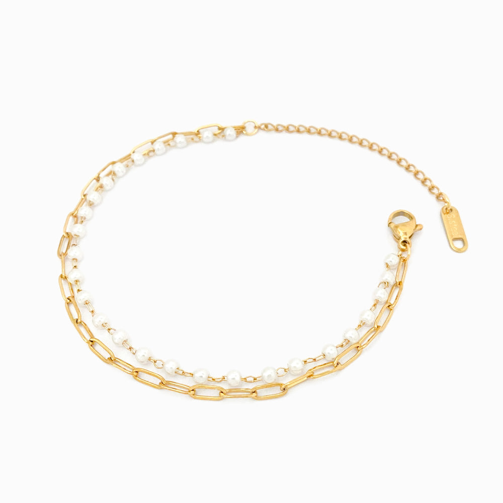 Pulseira Pérolas Dupla em Aço Inoxidável