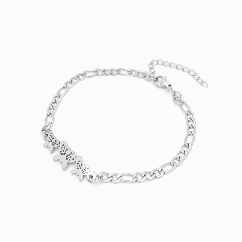 Pulseira Malha Fígaro com Borboletas - Aço Inoxidável