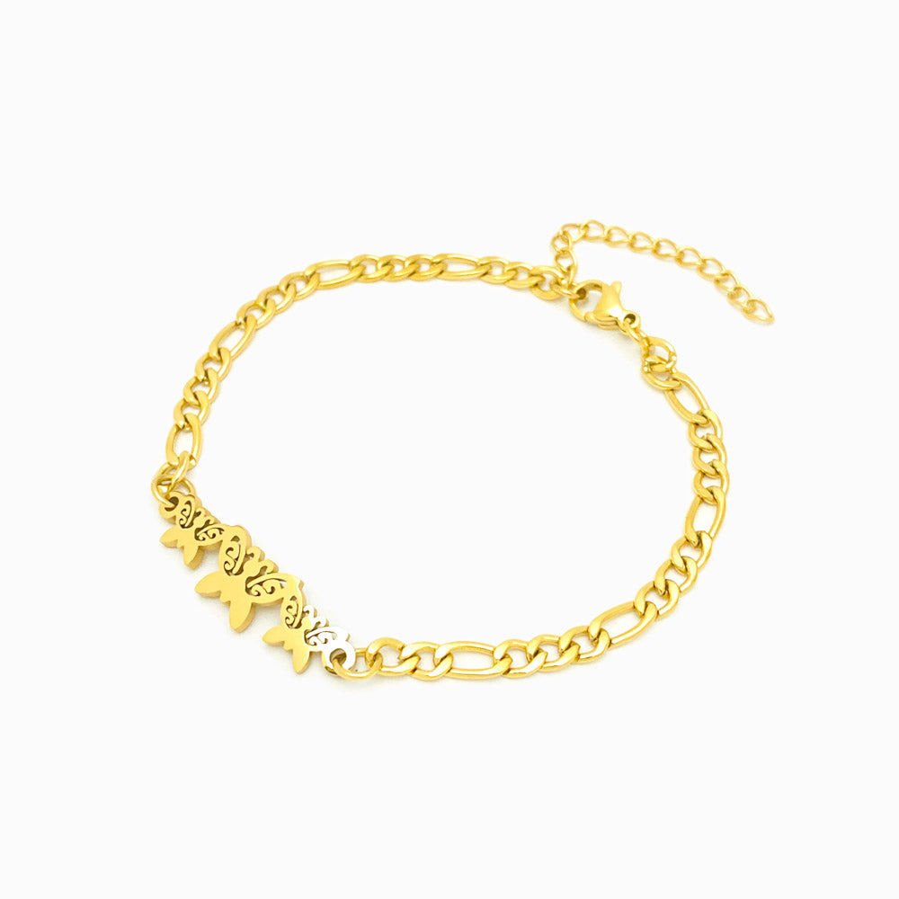 Pulseira Malha Fígaro com Borboletas - Aço Inoxidável