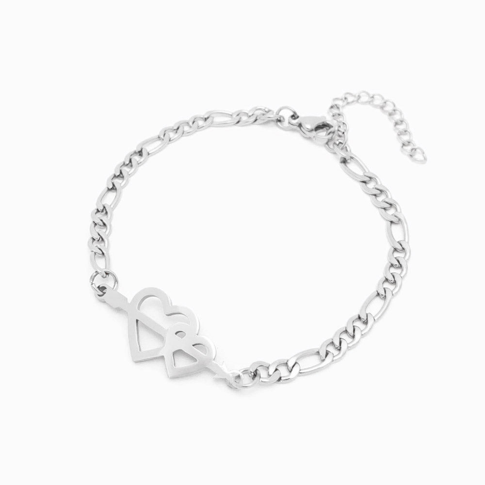 Pulseira Malha Fígaro com Corações - Aço Inoxidável