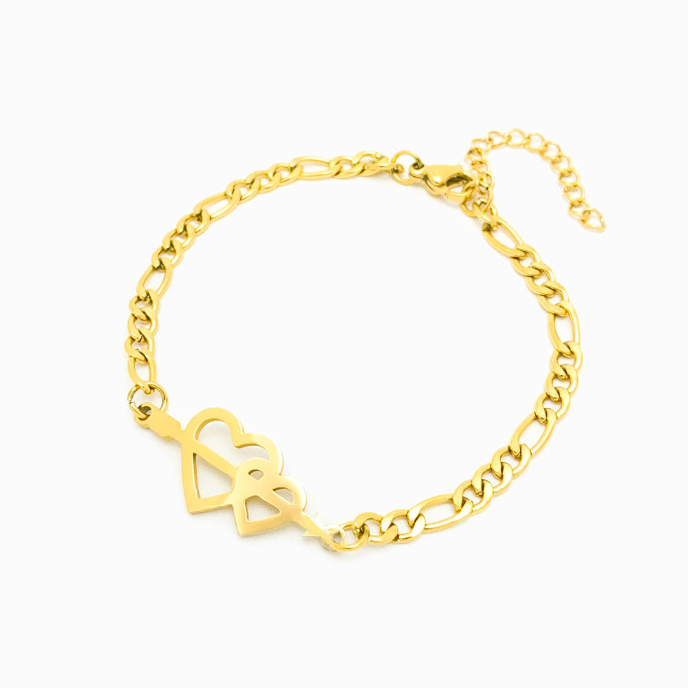 Pulseira Malha Fígaro com Corações - Aço Inoxidável
