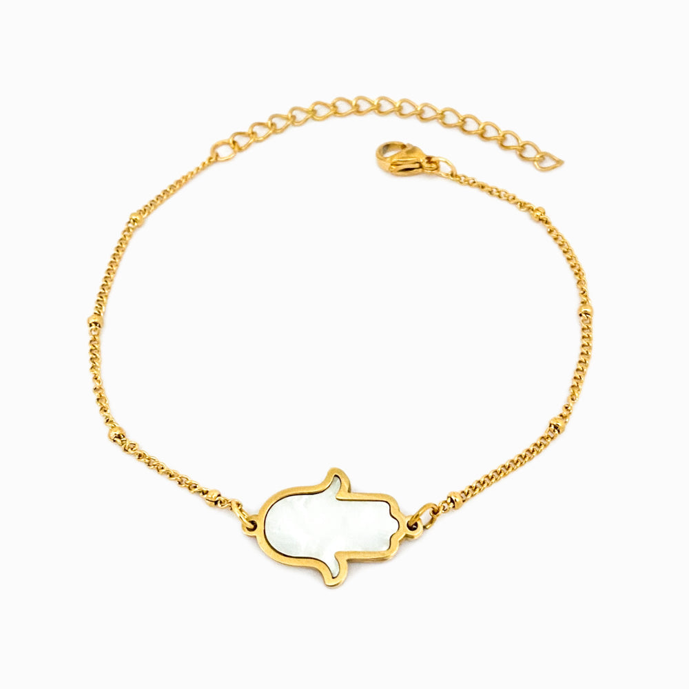 Pulseira Mão de Fátima em Aço Inoxidável e Madrepérola