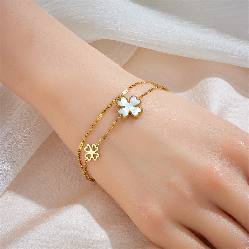 Pulseira Trevo de Quatro Folhas em Aço Inoxidável e Madrepérola