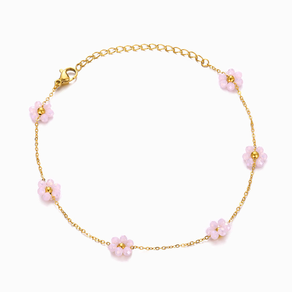 Pulseira com Flor Rosa em Aço Inoxidável