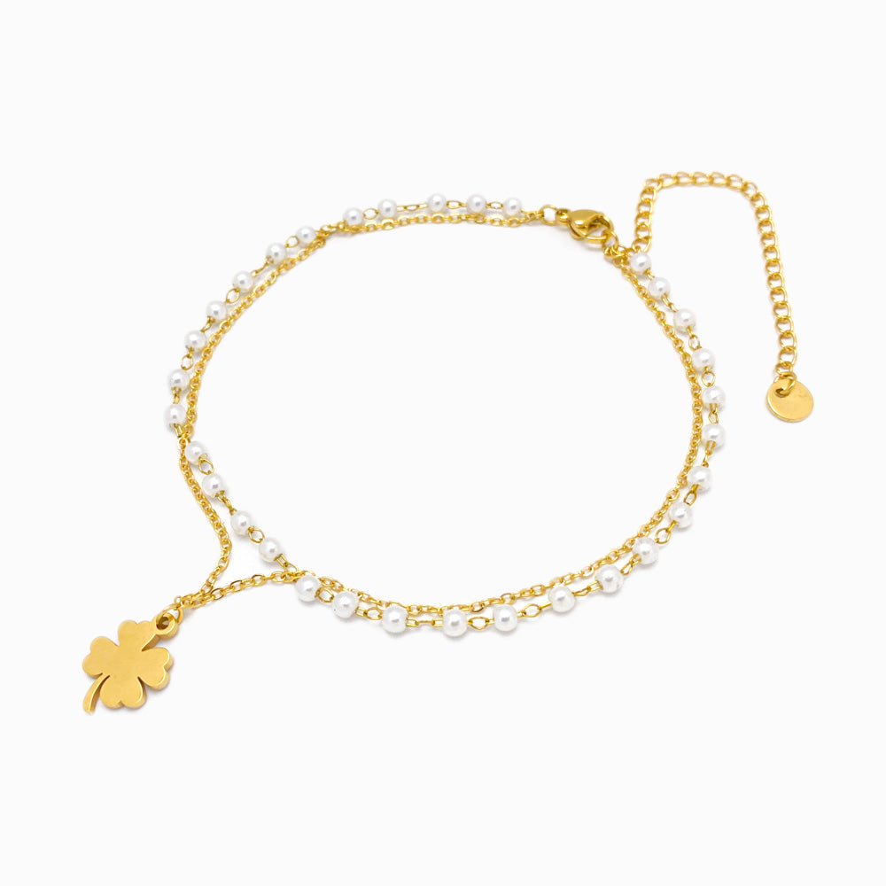 Pulseira Dupla de Pé Trevo - Aço Inoxidável com Pérola