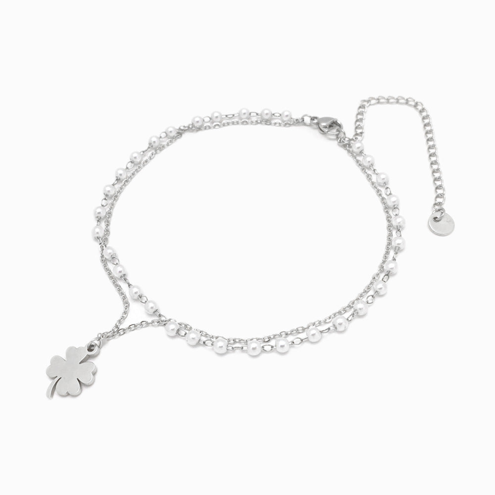 Pulseira Dupla de Pé Trevo - Aço Inoxidável com Pérola