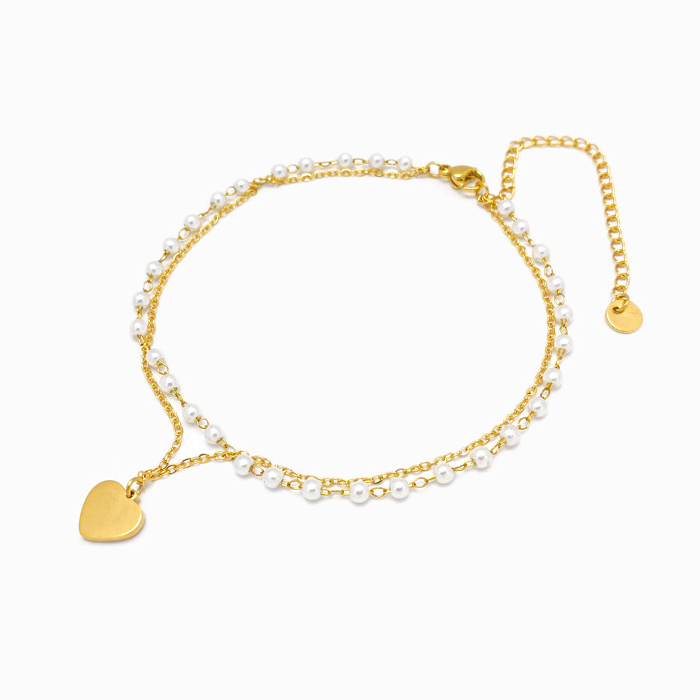 Pulseira Dupla de Pé Coração - Aço Inoxidável com Pérola