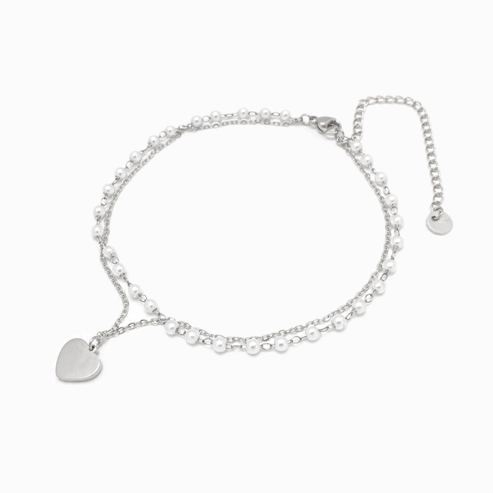 Pulseira Dupla de Pé Coração - Aço Inoxidável com Pérola