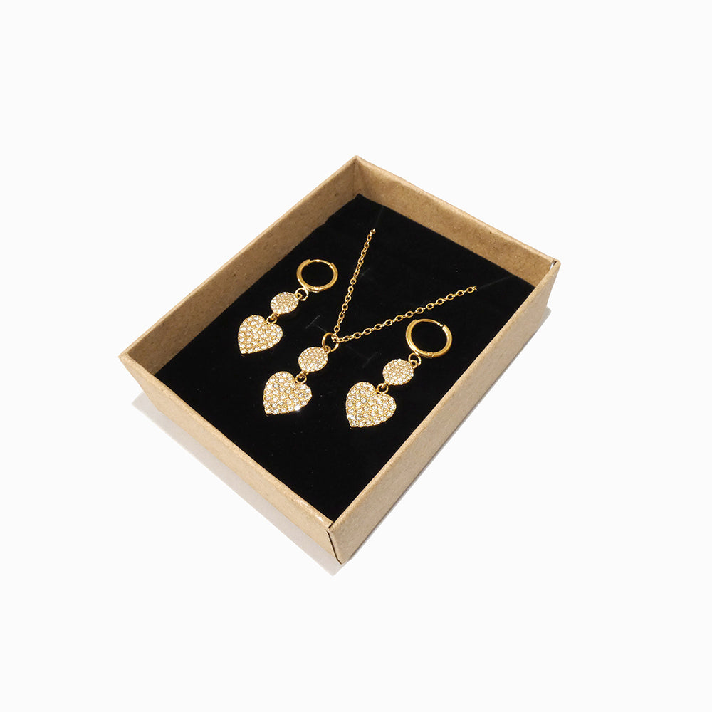 Conjunto 3 Peças Colar e Brincos Coração em Aço Inoxidável